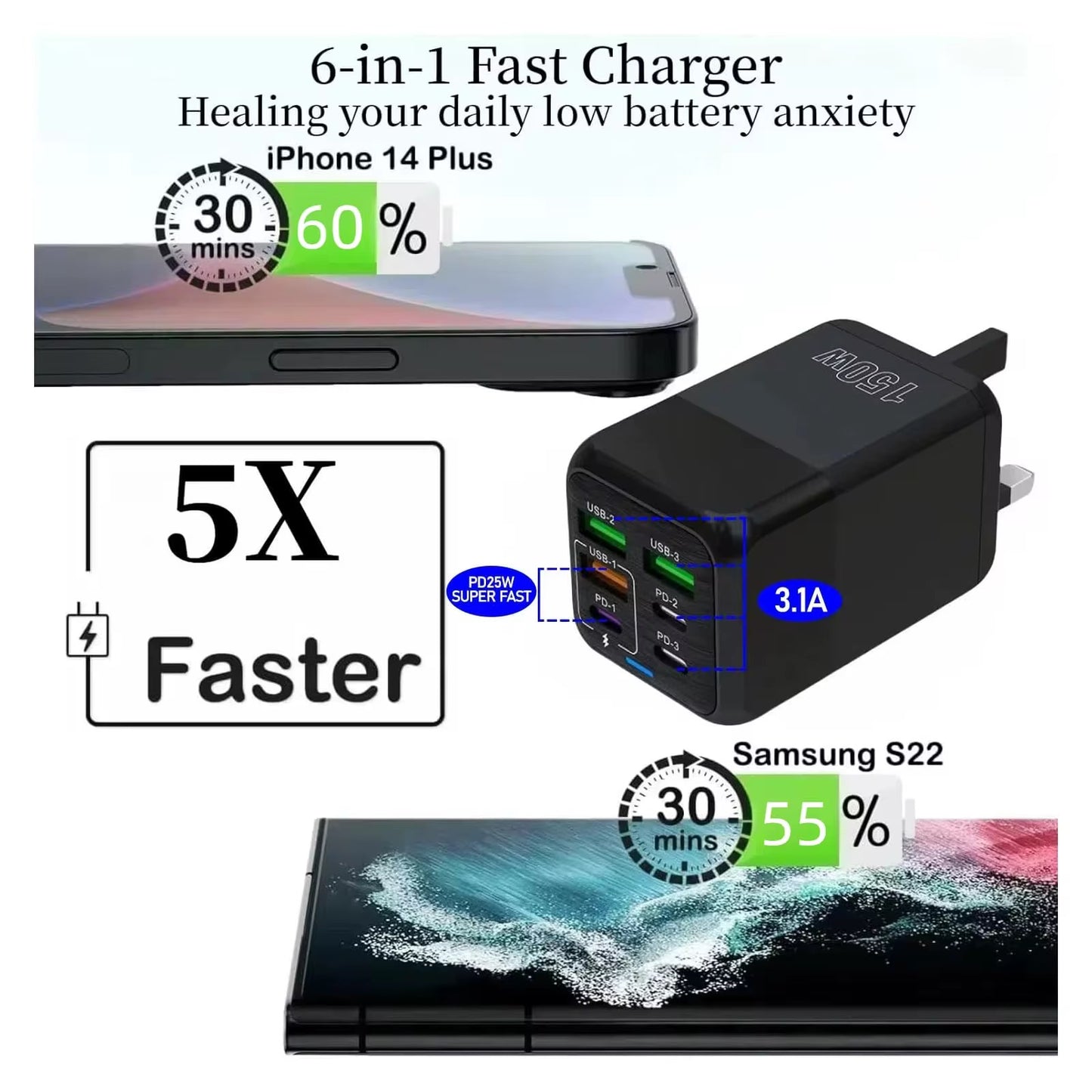 LADDARE SVART 150W 4 USB/2C