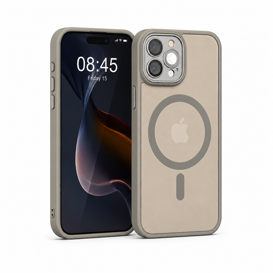 Frostat MagSafe Skal med Heltäckande Kameraskydd & Metallknappar – Grå Elegant Matt Design för iPhone